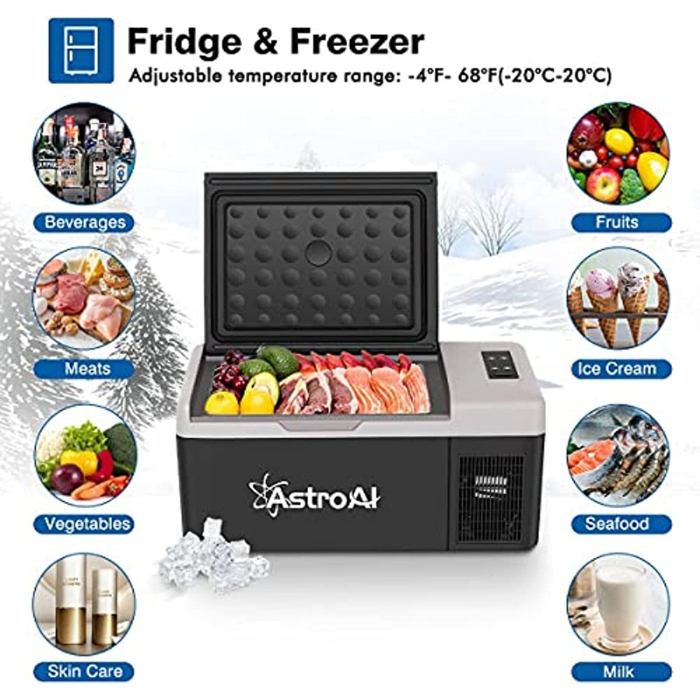 12V Portable Freezer, Camping Fridge Cooler with 12/24V DC &amp; 110V AC