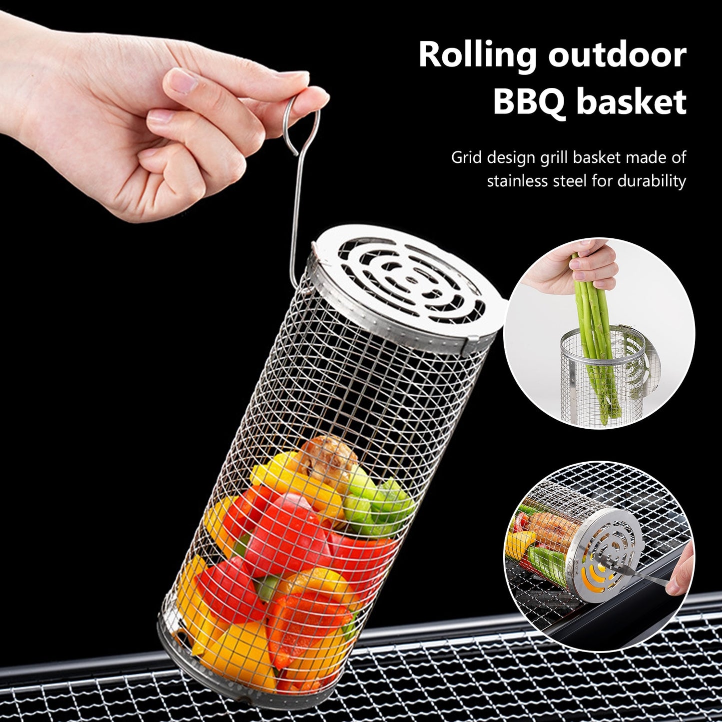 Rolling Grilling Basket Stainless Steel BBQ Cylinder Grill Basket Mesh Portable Outdoor Camping Barbecue Rack