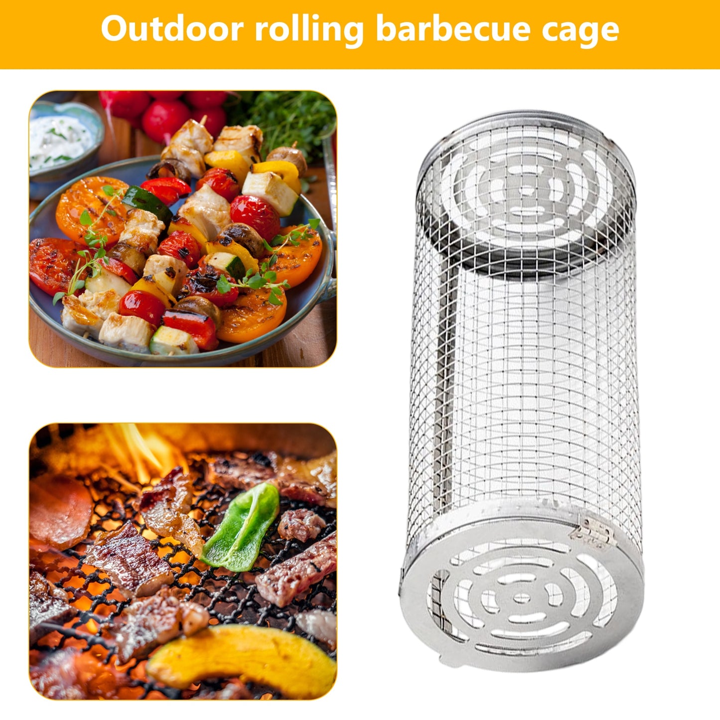 Rolling Grilling Basket Stainless Steel BBQ Cylinder Grill Basket Mesh Portable Outdoor Camping Barbecue Rack