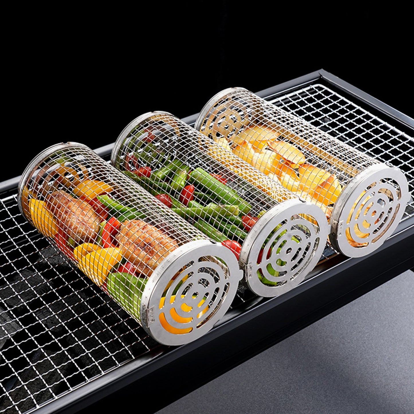 Rolling Grilling Basket Stainless Steel BBQ Cylinder Grill Basket Mesh Portable Outdoor Camping Barbecue Rack