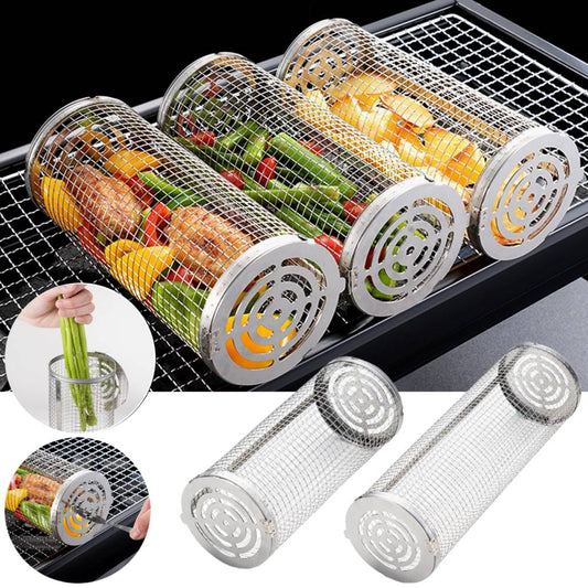 Rolling Grilling Basket Stainless Steel BBQ Cylinder Grill Basket Mesh Portable Outdoor Camping Barbecue Rack